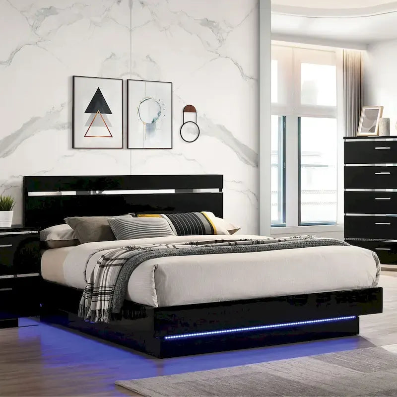 Contemporary Black LED Platform Bed