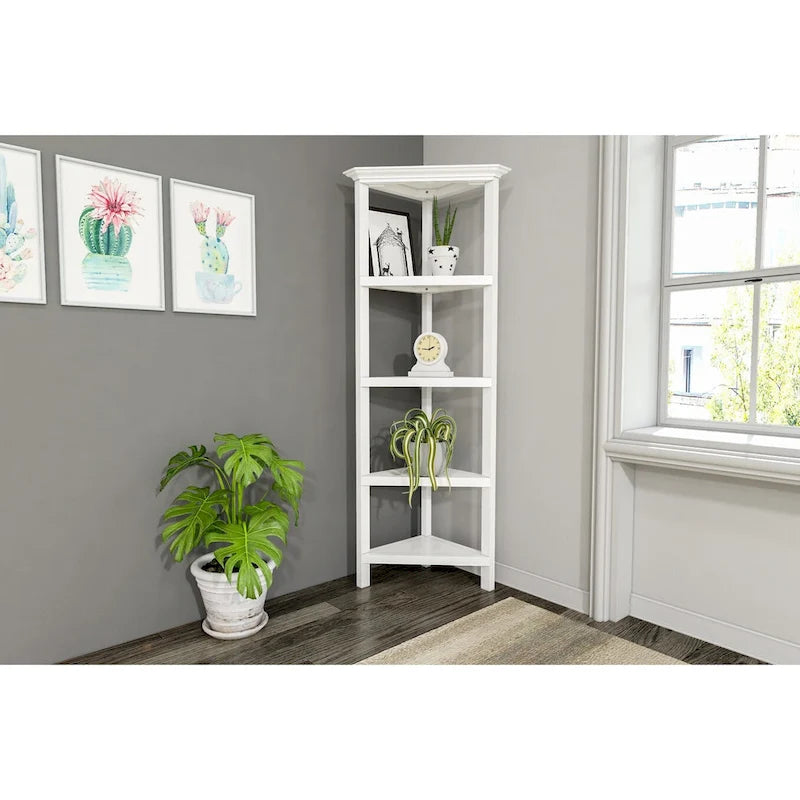 Corner Bookcase with 4 Shelves, White
