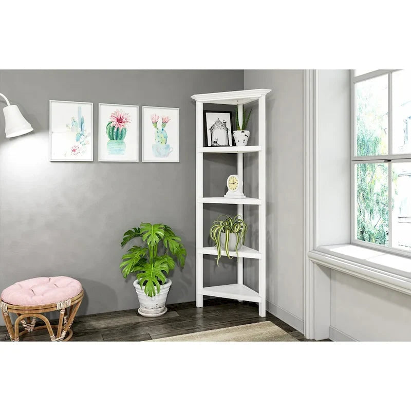 Corner Bookcase with 4 Shelves, White