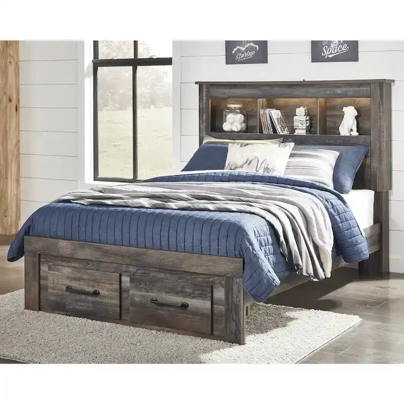 Rustic Brown Bookcase Bed with Footboard Storage Drawers