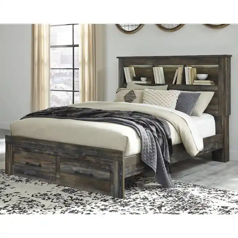 Rustic Brown Bookcase Bed with Footboard Storage Drawers