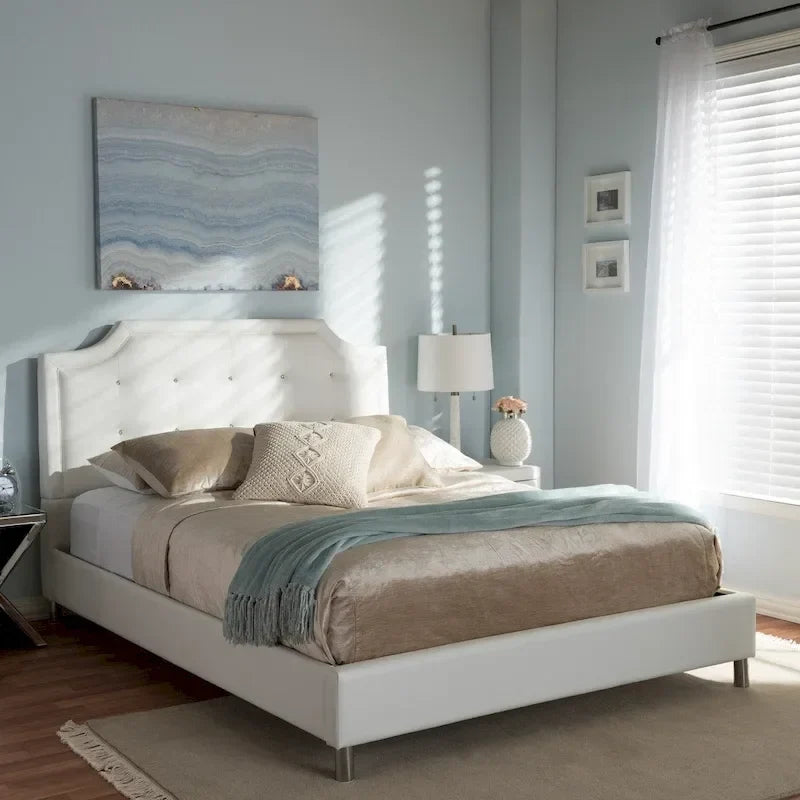 White Modern Platform Bed with Upholstered Headboard
