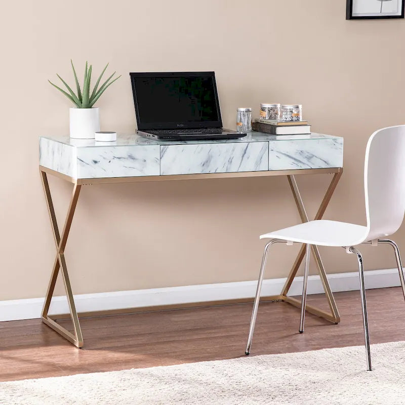 Glass Top Writing Desk with Gold Frame and Storage Drawer