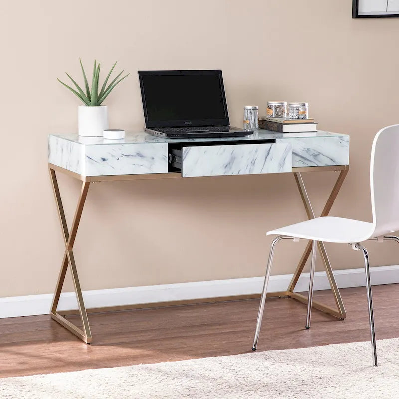 Glass Top Writing Desk with Gold Frame and Storage Drawer