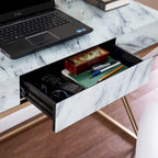 Glass Top Writing Desk with Gold Frame and Storage Drawer