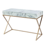 Glass Top Writing Desk with Gold Frame and Storage Drawer