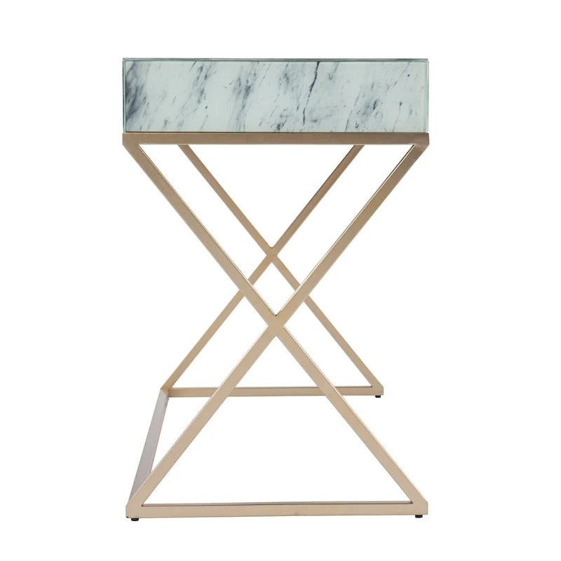 Glass Top Writing Desk with Gold Frame and Storage Drawer