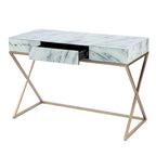 Glass Top Writing Desk with Gold Frame and Storage Drawer