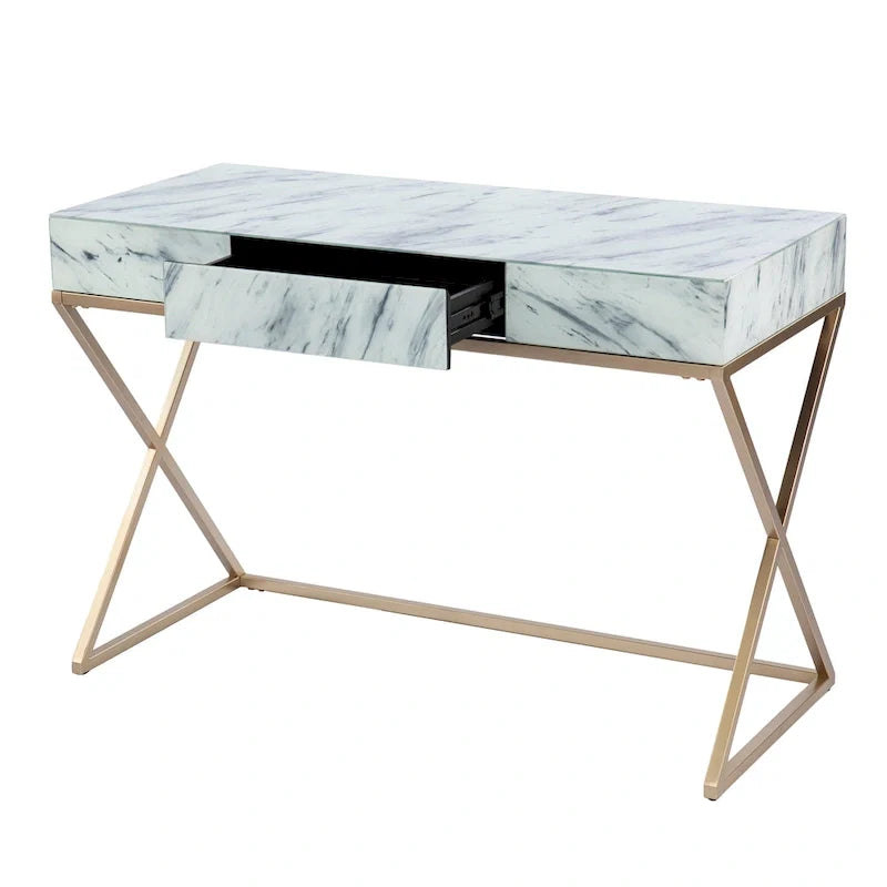 Glass Top Writing Desk with Gold Frame and Storage Drawer
