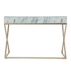 Glass Top Writing Desk with Gold Frame and Storage Drawer