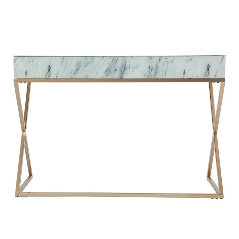 Glass Top Writing Desk with Gold Frame and Storage Drawer