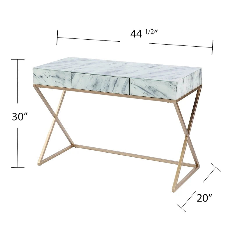 Glass Top Writing Desk with Gold Frame and Storage Drawer