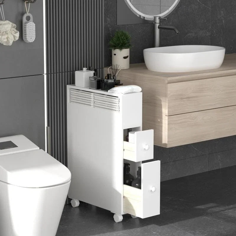 Freestanding Bathroom Storage Cabinet with Drawers and Casters