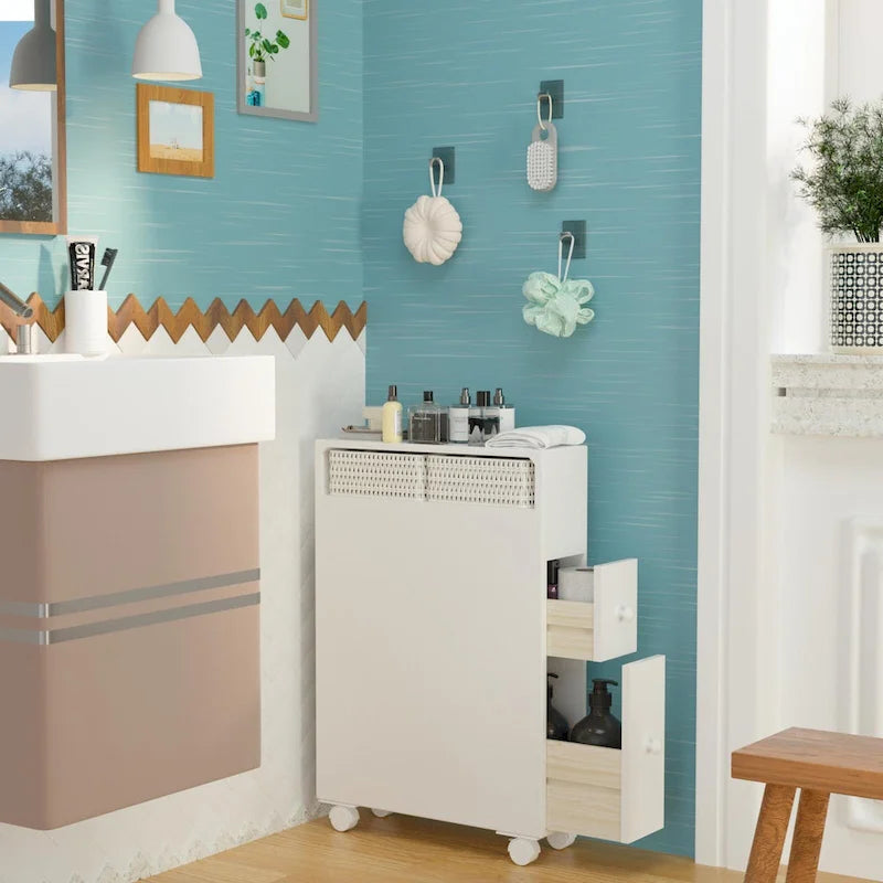 Freestanding Bathroom Storage Cabinet with Drawers and Casters