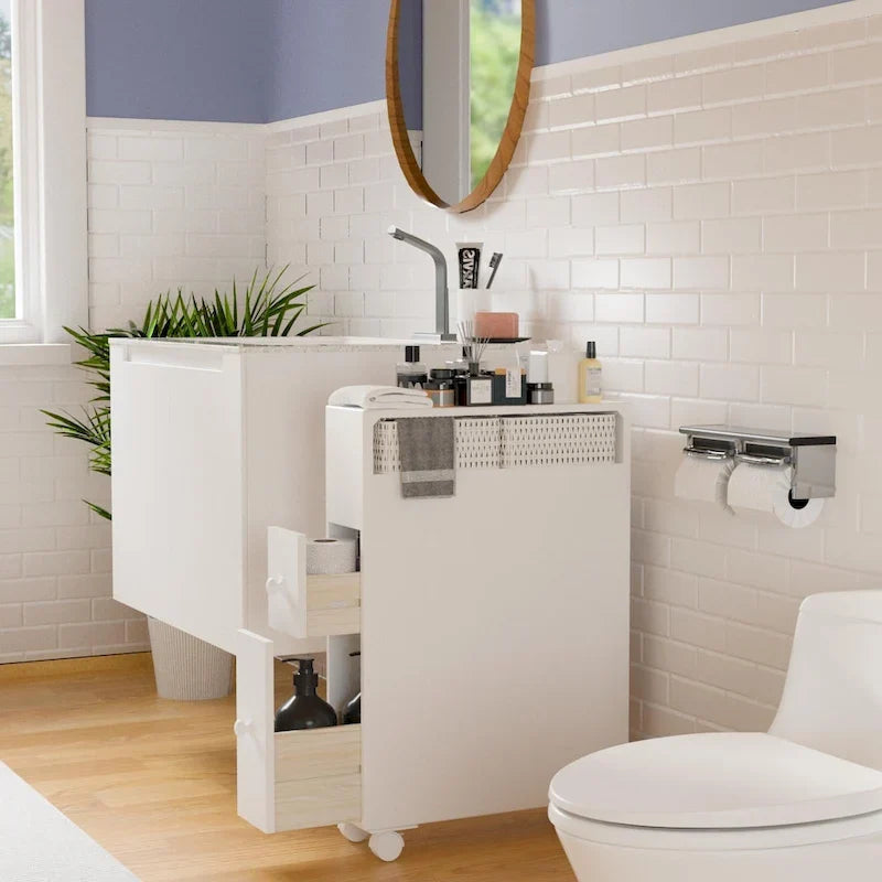 Freestanding Bathroom Storage Cabinet with Drawers and Casters