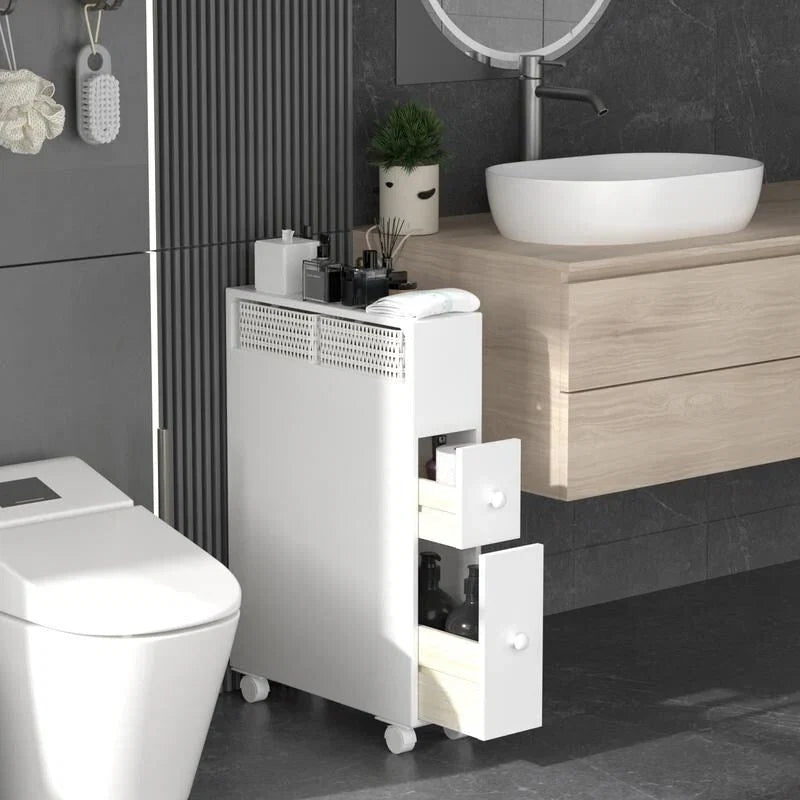 Freestanding Bathroom Storage Cabinet with Drawers and Casters