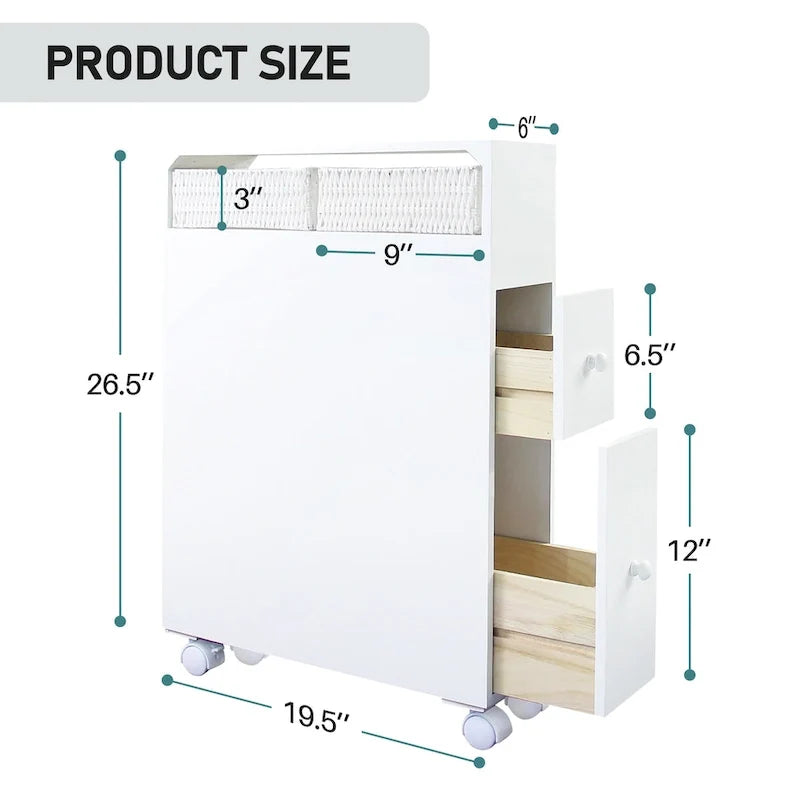 Freestanding Bathroom Storage Cabinet with Drawers and Casters