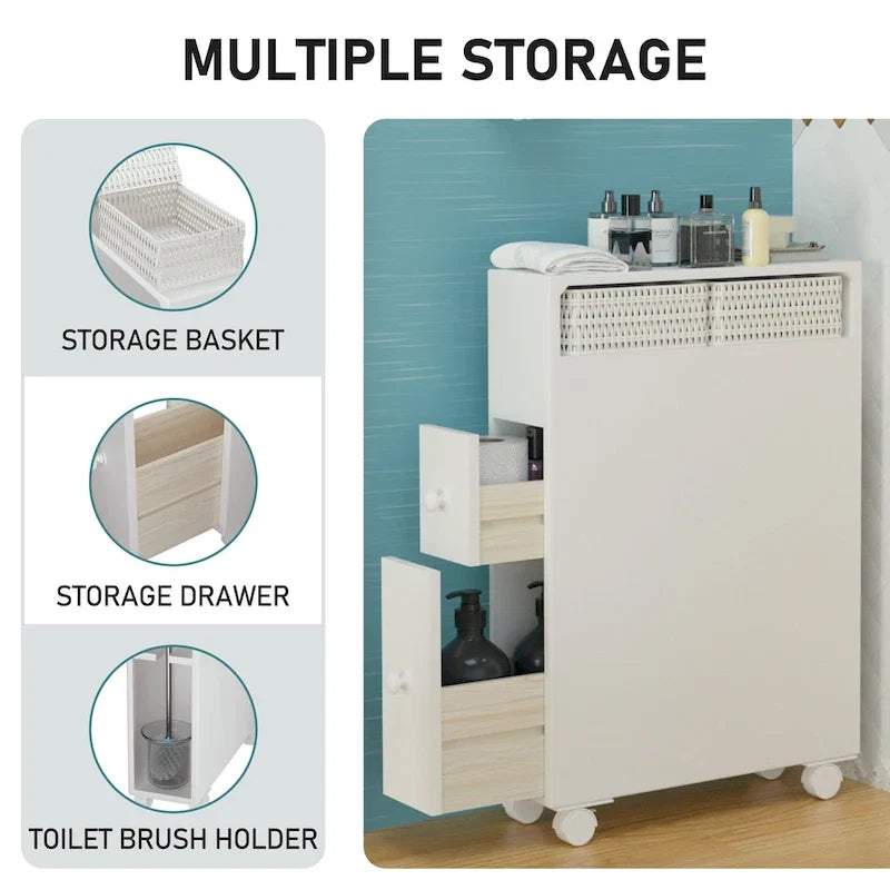 Freestanding Bathroom Storage Cabinet with Drawers and Casters