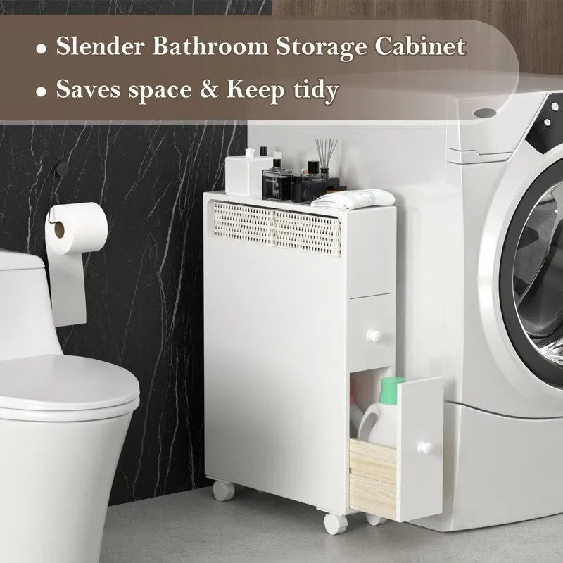 Freestanding Bathroom Storage Cabinet with Drawers and Casters