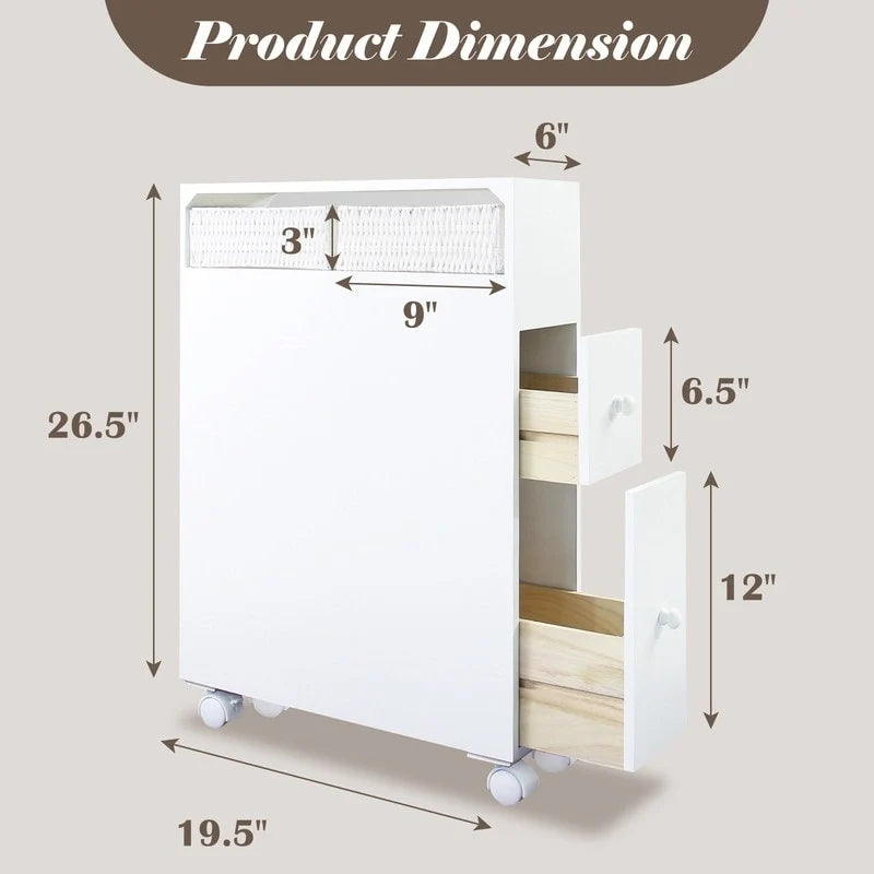 Freestanding Bathroom Storage Cabinet with Drawers and Casters