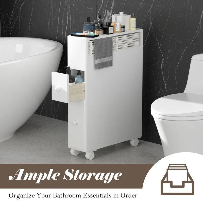 Freestanding Bathroom Storage Cabinet with Drawers and Casters