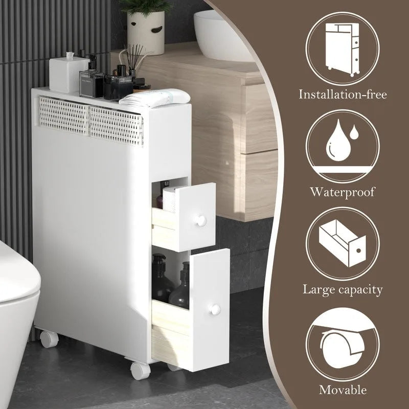 Freestanding Bathroom Storage Cabinet with Drawers and Casters