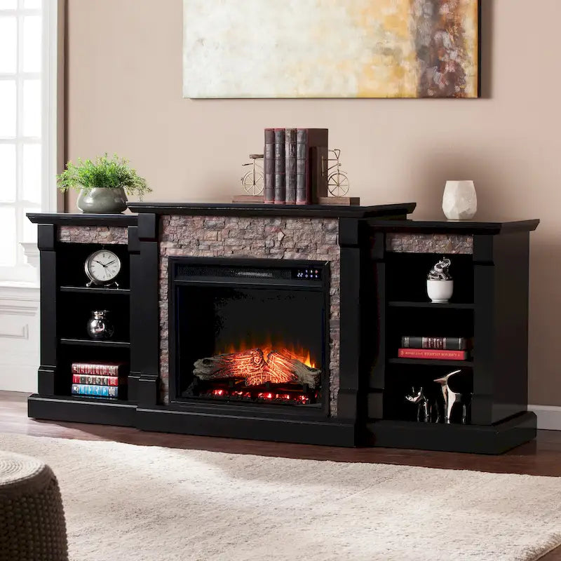 Black Electric Fireplace with Bookcase Shelves