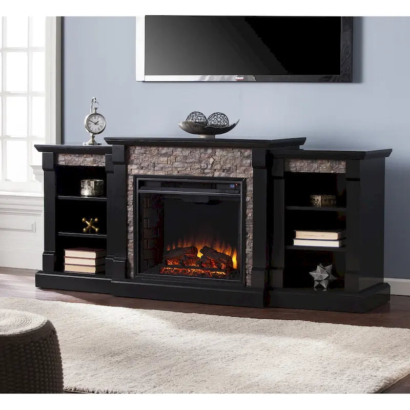Black Electric Fireplace with Bookcase Shelves