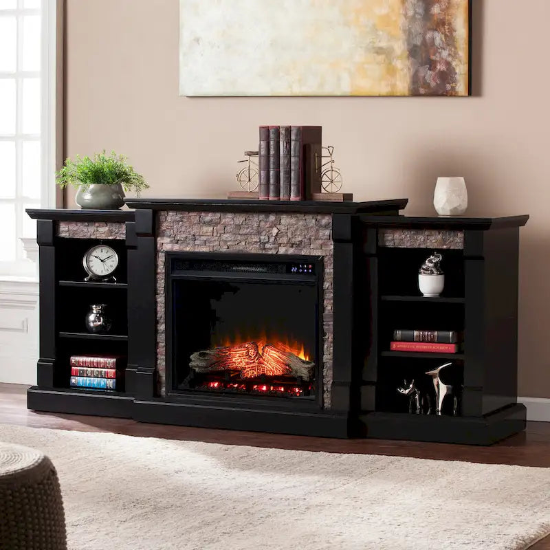 Black Electric Fireplace with Bookcase Shelves