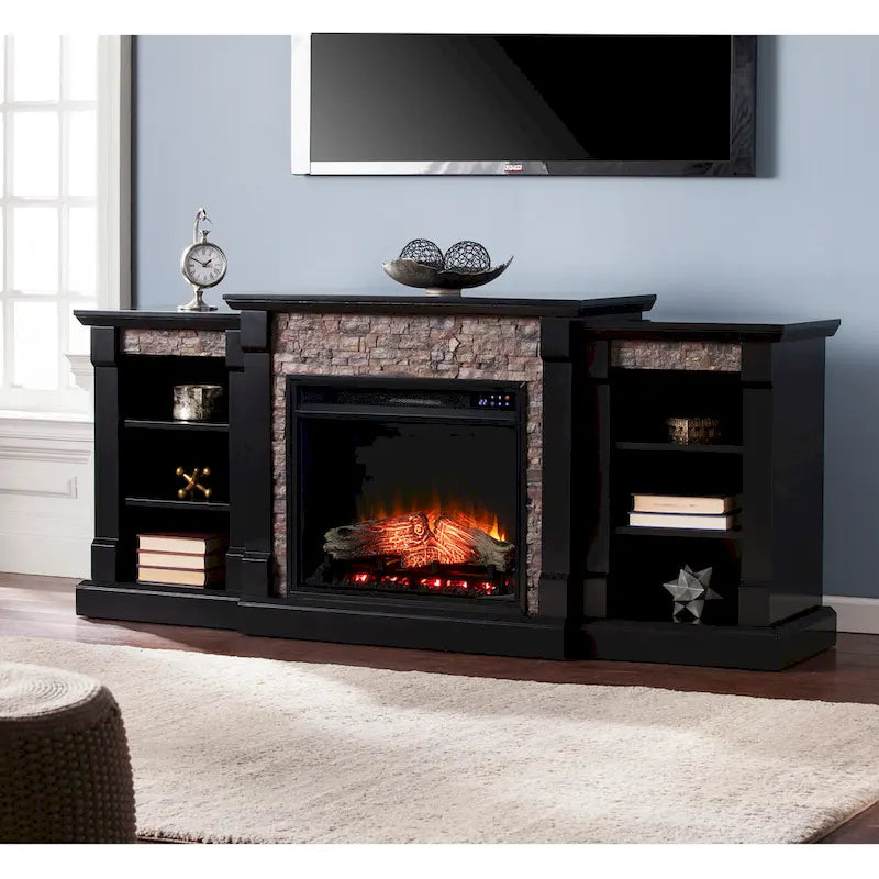 Black Electric Fireplace with Bookcase Shelves