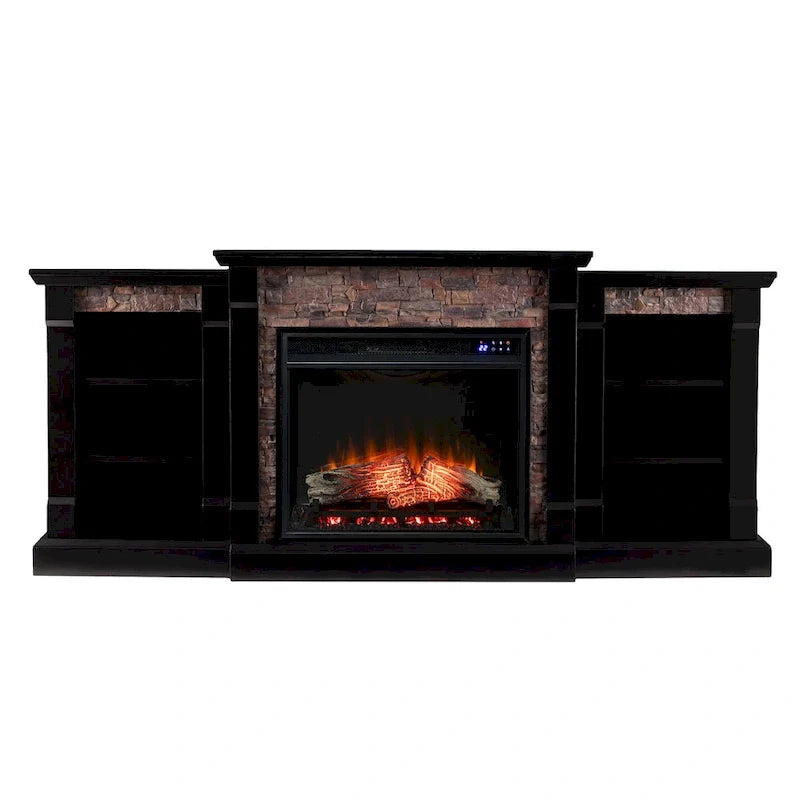 Black Electric Fireplace with Bookcase Shelves