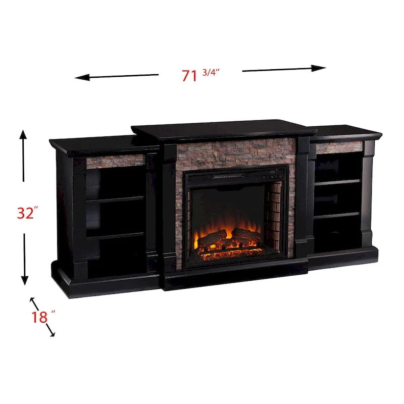 Black Electric Fireplace with Bookcase Shelves