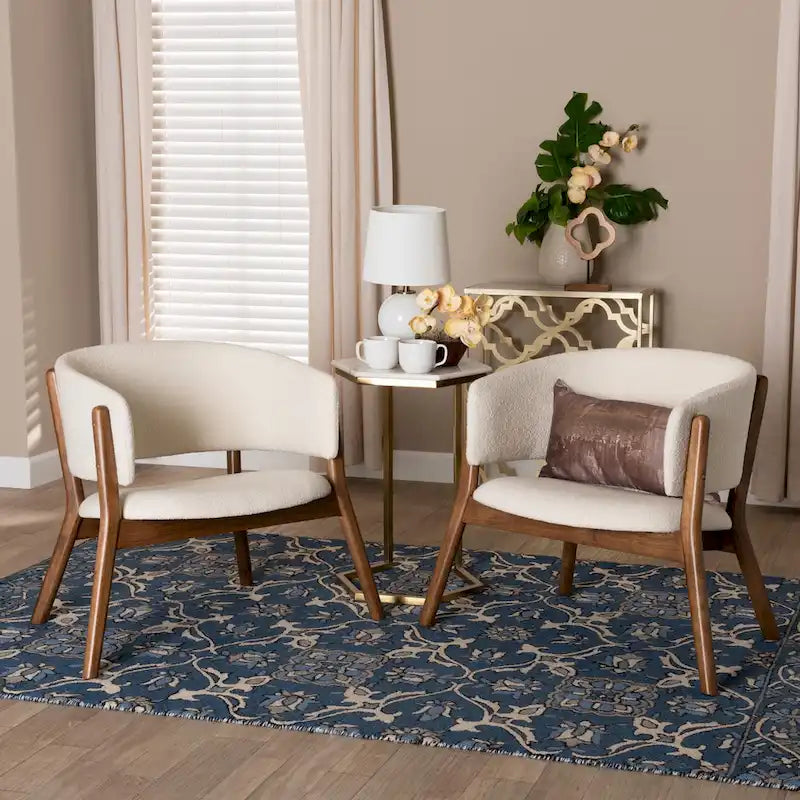 Mid-Century Modern Cream Boucle Fabric Upholstered and Walnut Brown Finished Wood 2-Piece Living Room Accent Chair Set