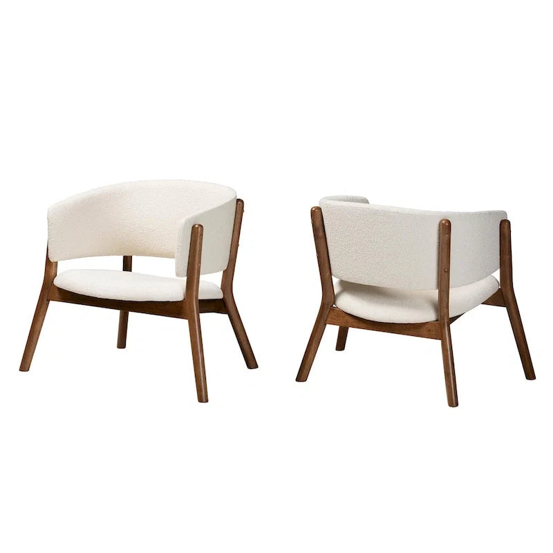 Mid-Century Modern Cream Boucle Fabric Upholstered and Walnut Brown Finished Wood 2-Piece Living Room Accent Chair Set