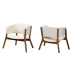 Mid-Century Modern Cream Boucle Fabric Upholstered and Walnut Brown Finished Wood 2-Piece Living Room Accent Chair Set