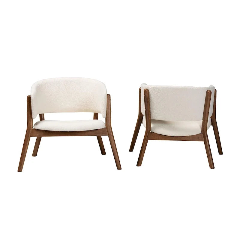 Mid-Century Modern Cream Boucle Fabric Upholstered and Walnut Brown Finished Wood 2-Piece Living Room Accent Chair Set