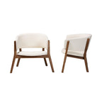 Mid-Century Modern Cream Boucle Fabric Upholstered and Walnut Brown Finished Wood 2-Piece Living Room Accent Chair Set