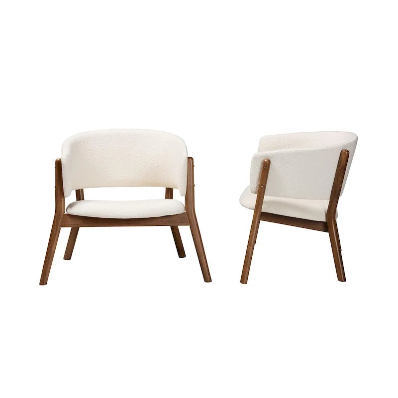 Mid-Century Modern Cream Boucle Fabric Upholstered and Walnut Brown Finished Wood 2-Piece Living Room Accent Chair Set