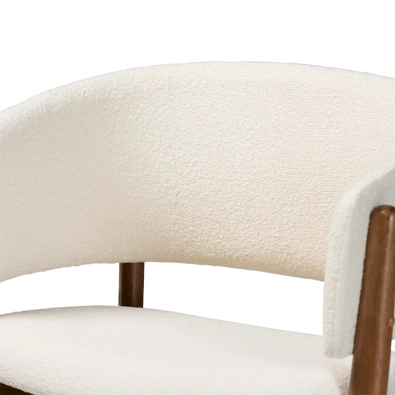 Mid-Century Modern Cream Boucle Fabric Upholstered and Walnut Brown Finished Wood 2-Piece Living Room Accent Chair Set