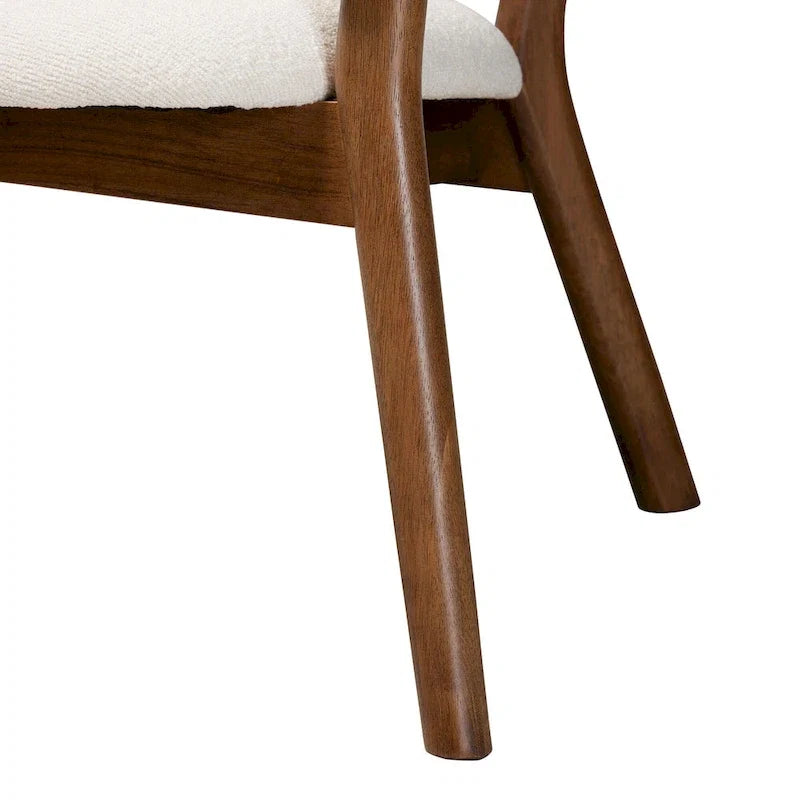 Mid-Century Modern Cream Boucle Fabric Upholstered and Walnut Brown Finished Wood 2-Piece Living Room Accent Chair Set