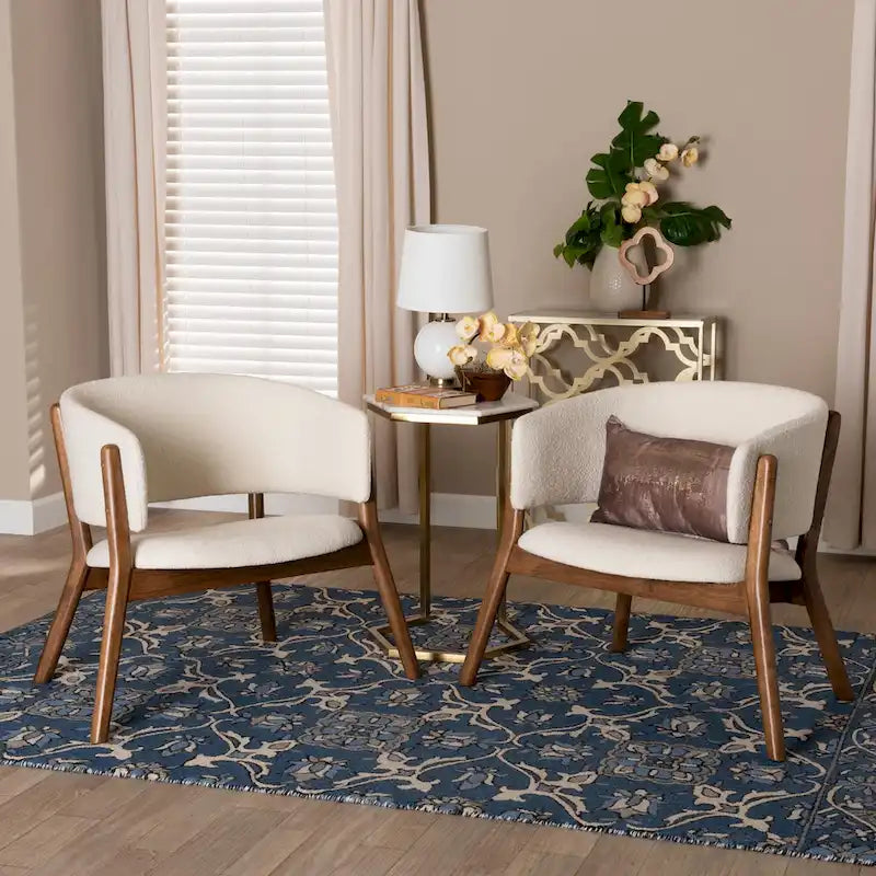 Mid-Century Modern Cream Boucle Fabric Upholstered and Walnut Brown Finished Wood 2-Piece Living Room Accent Chair Set