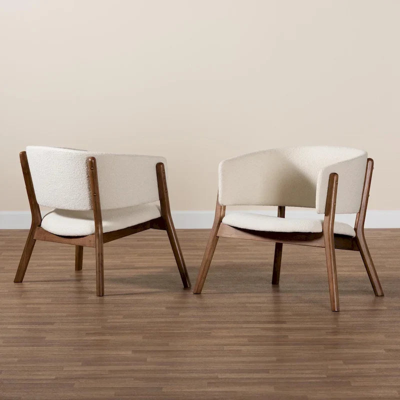 Mid-Century Modern Cream Boucle Fabric Upholstered and Walnut Brown Finished Wood 2-Piece Living Room Accent Chair Set