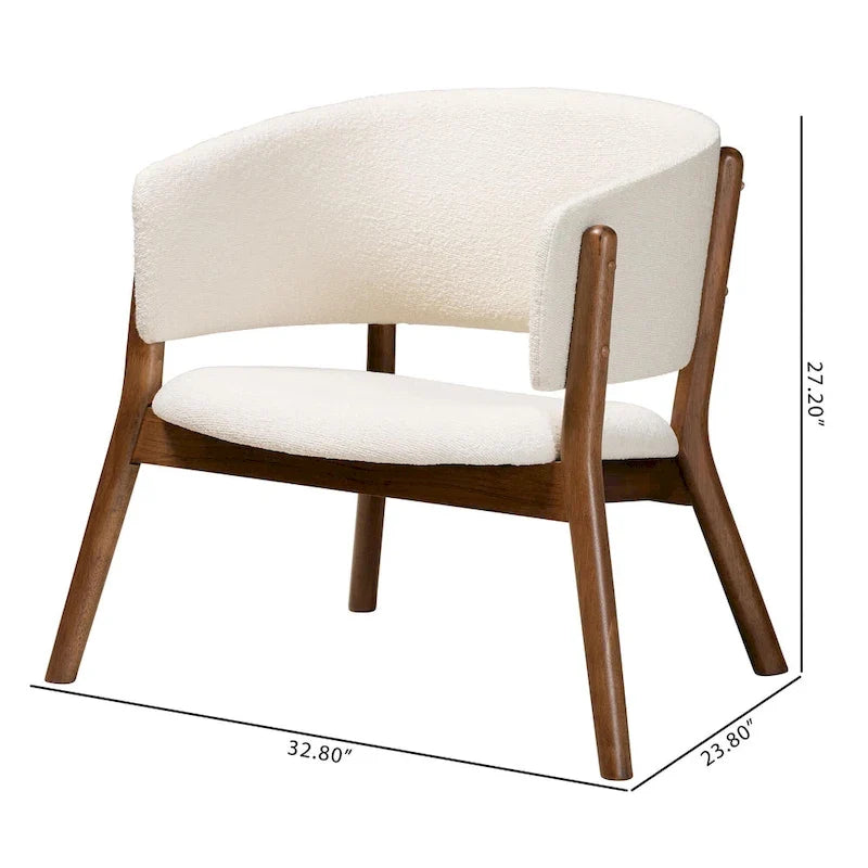 Mid-Century Modern Cream Boucle Fabric Upholstered and Walnut Brown Finished Wood 2-Piece Living Room Accent Chair Set