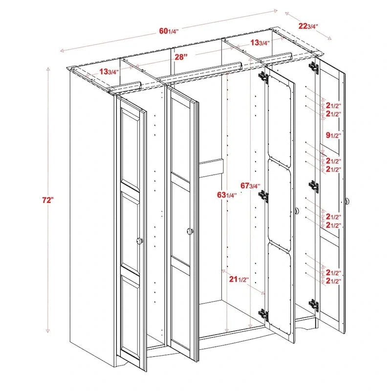 100% Solid Wood 4-Door Wardrobe Armoire