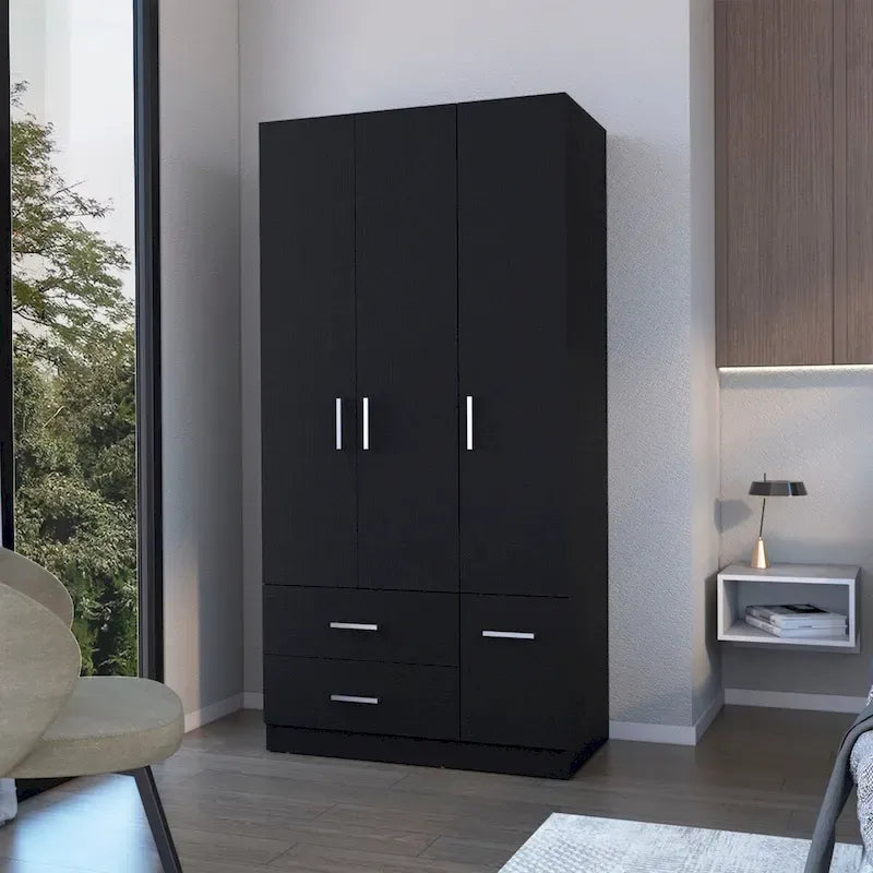 Tall Bedroom Wardrobe with 4 Doors, 2 Drawers & Hanging Rod