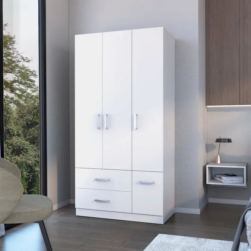Tall Bedroom Wardrobe with 4 Doors, 2 Drawers & Hanging Rod