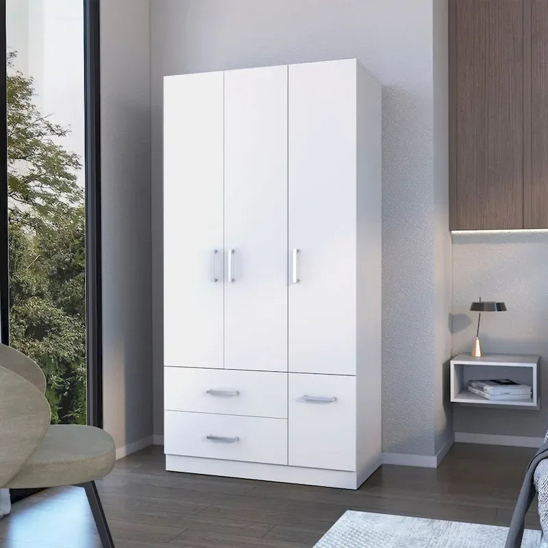 Tall Bedroom Wardrobe with 4 Doors, 2 Drawers & Hanging Rod