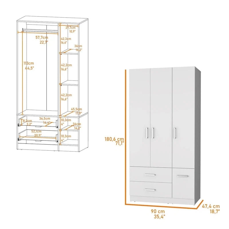 Tall Bedroom Wardrobe with 4 Doors, 2 Drawers & Hanging Rod