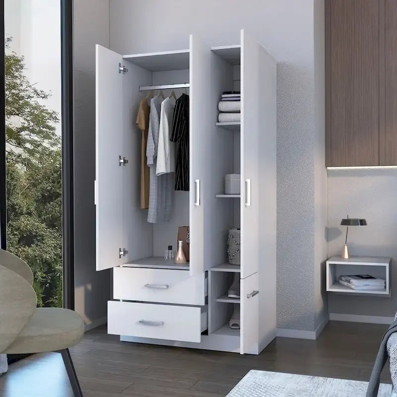 Tall Bedroom Wardrobe with 4 Doors, 2 Drawers & Hanging Rod