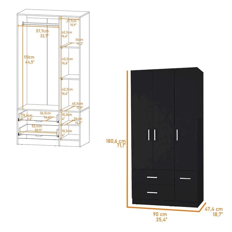Tall Bedroom Wardrobe with 4 Doors, 2 Drawers & Hanging Rod